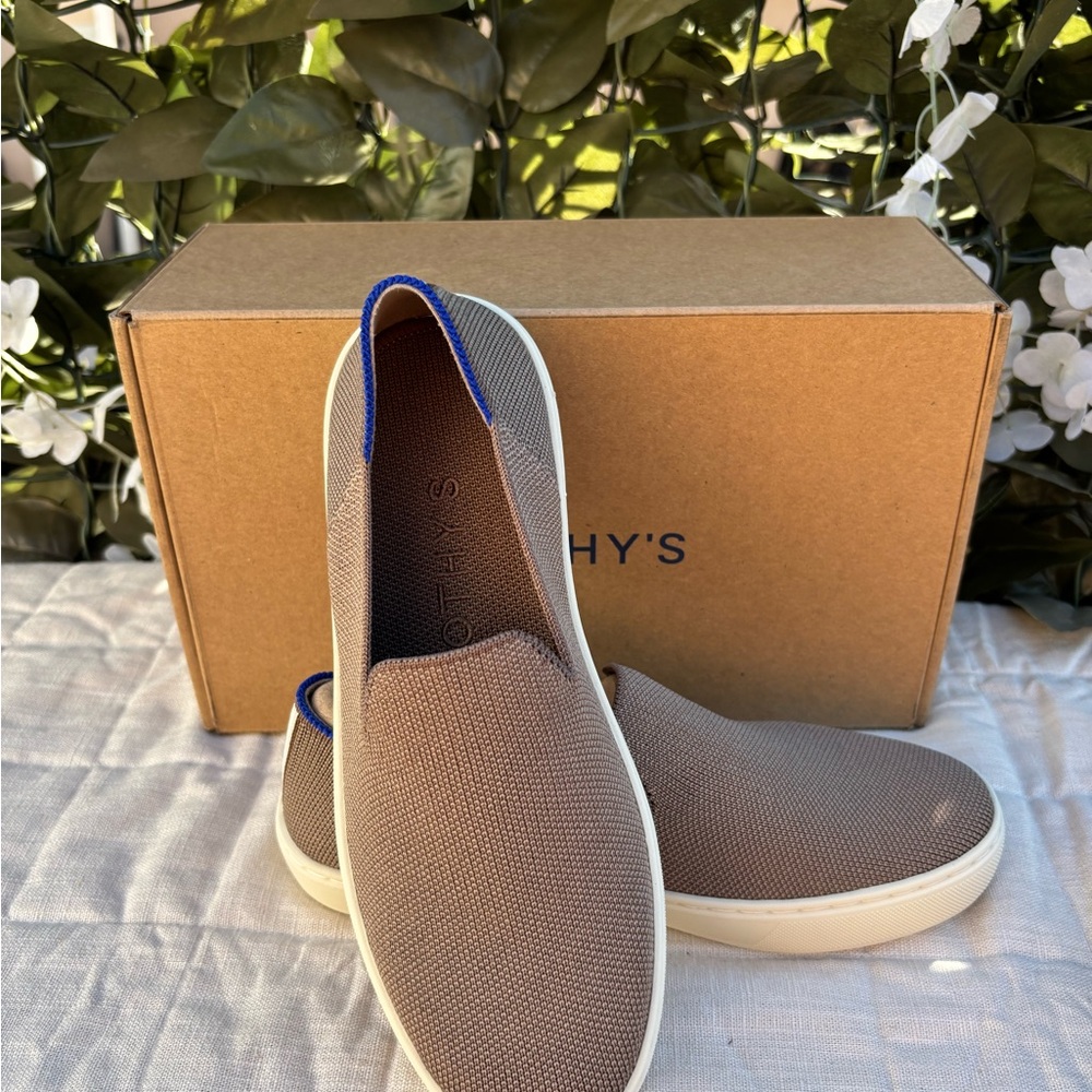 Rothy's Taupe Knit Slip-On Sneakers with Blue Heel Accent - Picture 5 of 7